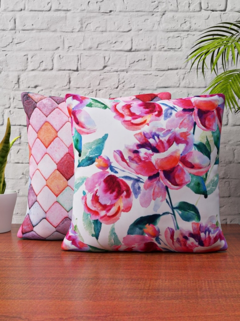 

SHIVANAA HOMES White & Pink Set of 2 Floral Square Cushion Covers