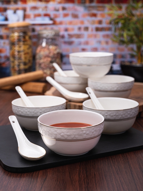 

Roxx Set Of 6 White & 24K Gold-Toned Embossed Porcelain Serving Bowls With Spoons