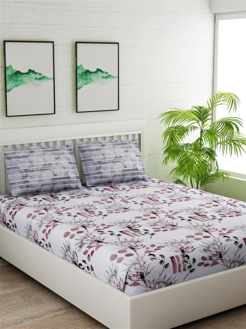 

Salona Bichona Grey & White Floral 144 TC Cotton 1 Queen Bedsheet with 2 Pillow Covers