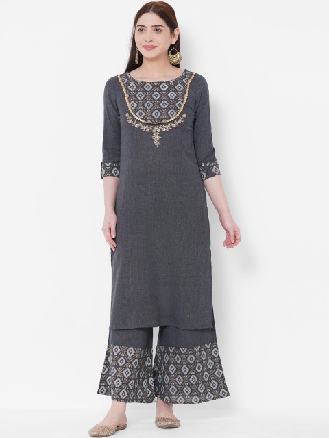 

FASHOR Women Grey & Gold-Toned Yoke Design Kurta with Palazzos
