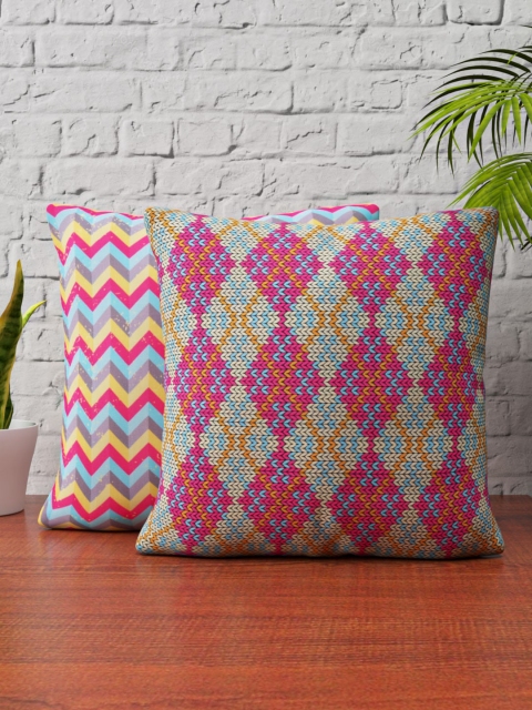 

SHIVANAA HOMES Pink & Blue Set of 2 Geometric Square Cushion Covers