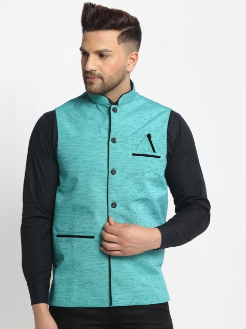 Jompers Men Turquoise Blue & Black Woven Nehru Jacket
