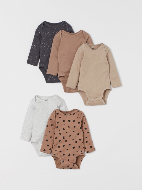 

H&M Kids 5-Pack Long-Sleeved Bodysuits, Beige