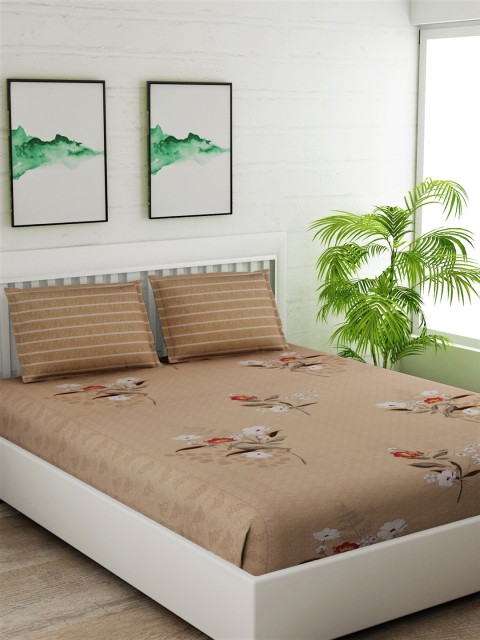 

Salona Bichona Beige & White Floral 144 TC Cotton 1 Queen Bedsheet with 2 Pillow Covers