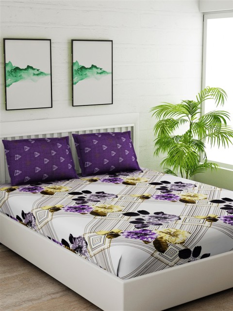 

Salona Bichona Purple & White Floral 144 TC Cotton 1 Queen Bedsheet with 2 Pillow Covers