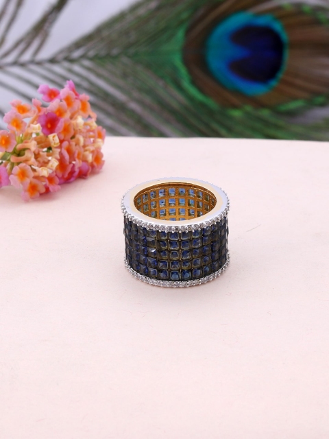 

Silvermerc Designs Sterling Silver Gold-Plated Blue & White CZ-Studded Handcrafted Finger Ring