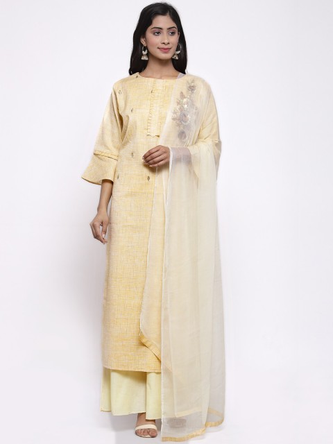 

KHALOM Women Beige Self Design Kurta with Palazzos & Dupatta