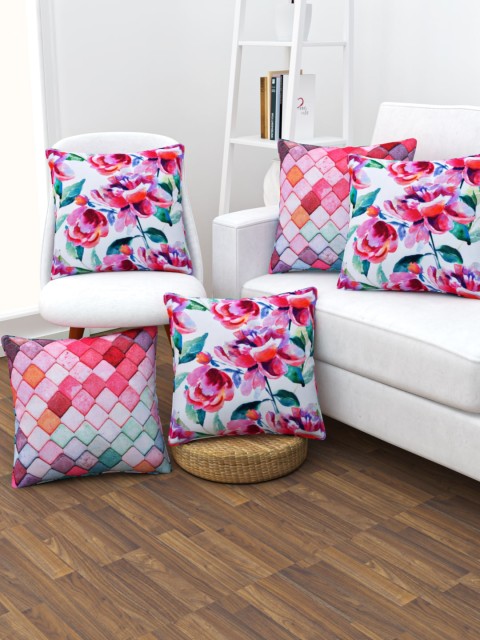

SHIVANAA HOMES Set of 5 White & Pink Floral Square Cushion Covers