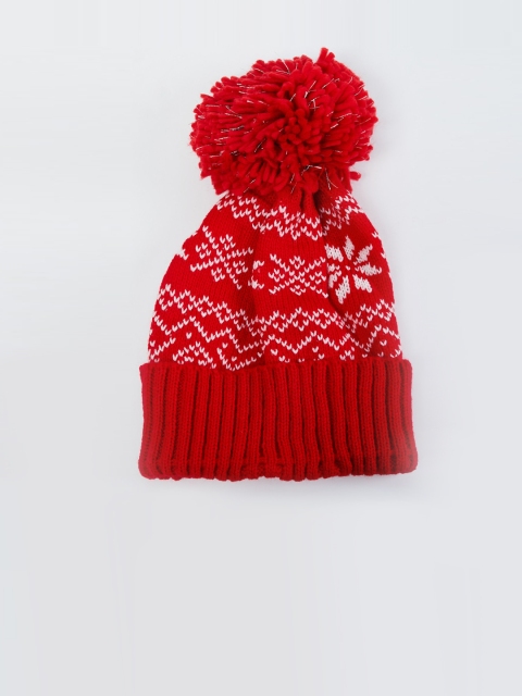 

max Women Red & White Self Design Beanie with Pompom