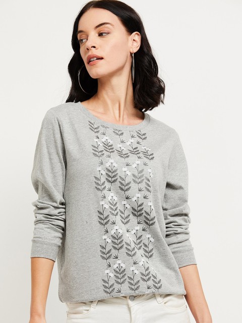 

max Women Grey Printed Round Neck T-shirt