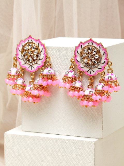 

PANASH Gold-Plated & Pink Meenakari Floral Drop Earrings