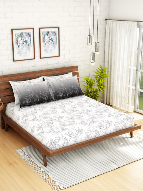 

SPACES Grey & White Floral 400 TC Cotton 1 King Bedsheet with 4 Pillow Covers
