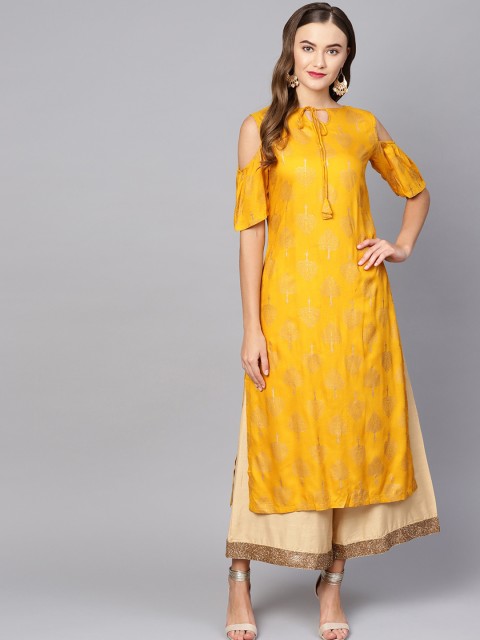 

Myshka Women Yellow & Gold-Coloured Printed Straight Kurta