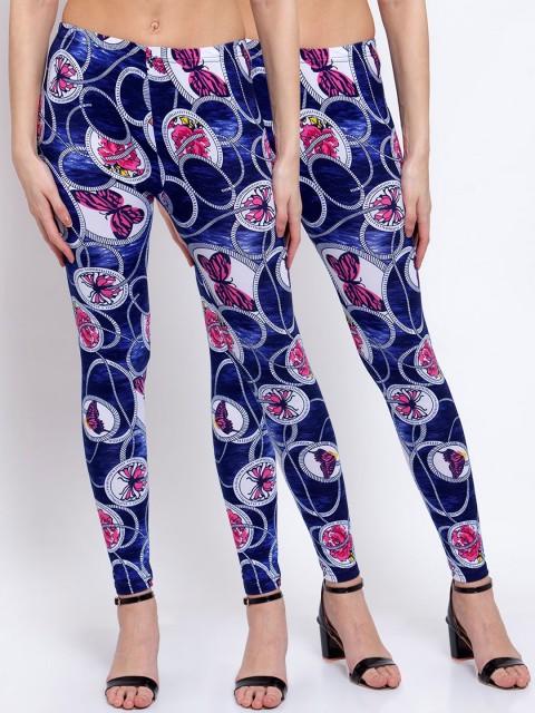 

KLOTTHE Women Pack Of 2 Blue & Pink Printed Ankle-Length Leggings