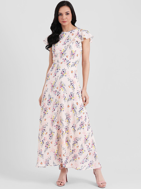 

Zink London Women Peach-Coloured & Blue Floral Printed Maxi Dress