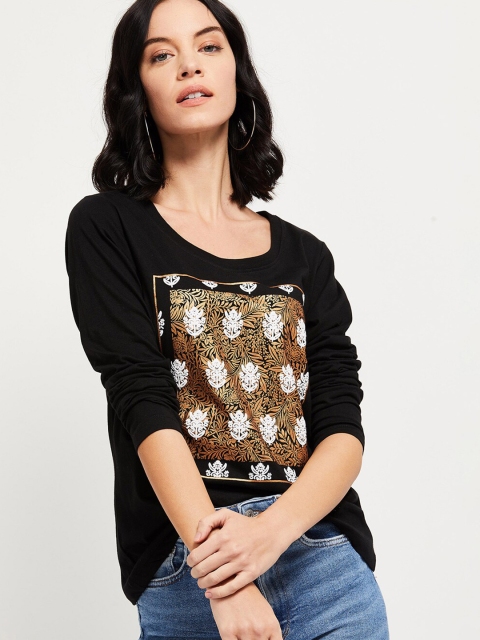 

max Women Black & Gold Floral Printed T-shirt
