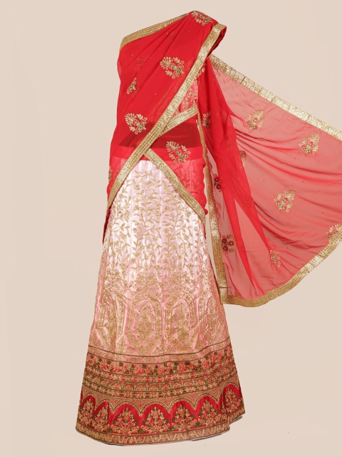 

Pothys Red & Peach-Coloured Poly Chiffon Embroidered Traditional Half Saree