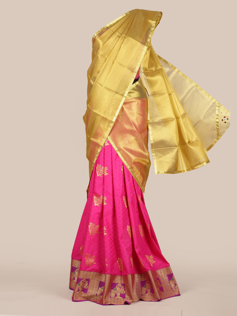 

Pothys Gold-Toned & Pink Tissue Woven Design Lehenga Half Saree