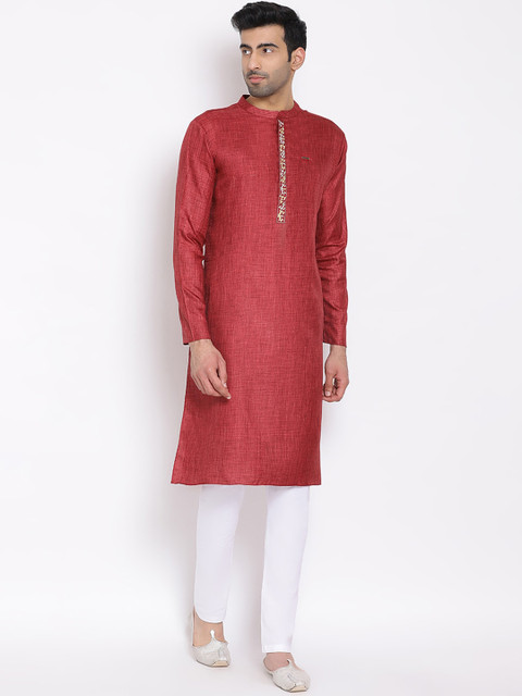 

DEVOILER Red Solid Mandarin Collar Kurta