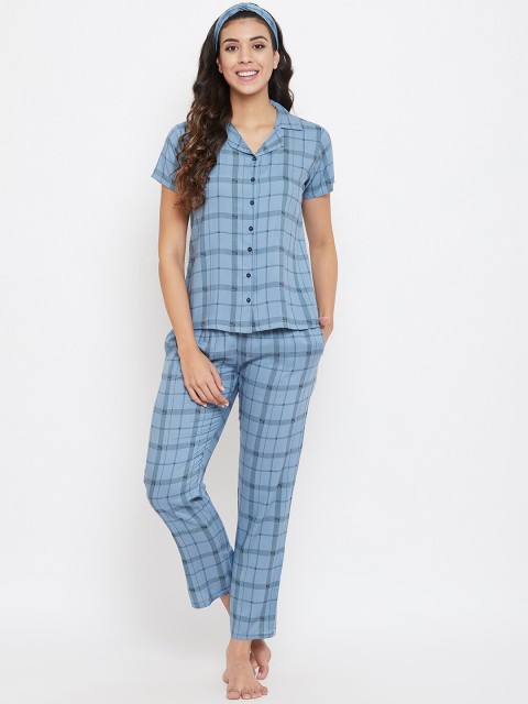 

Clovia Women Blue & Black Checked Night Suit