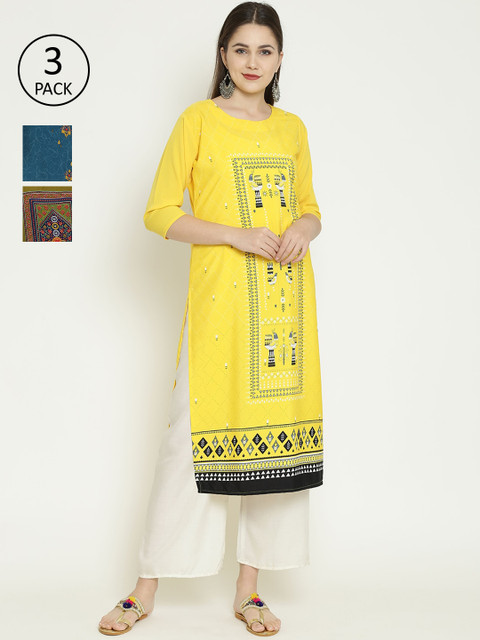 

7Threads Women Pack Of 3 Printed Straight Kurta, Yellow