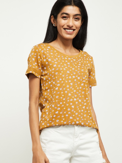 

max Women Yellow Printed Round Neck Pure Cotton T-shirt
