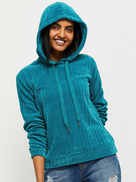 

max Women Teal Solid Hooded Sweatshirt