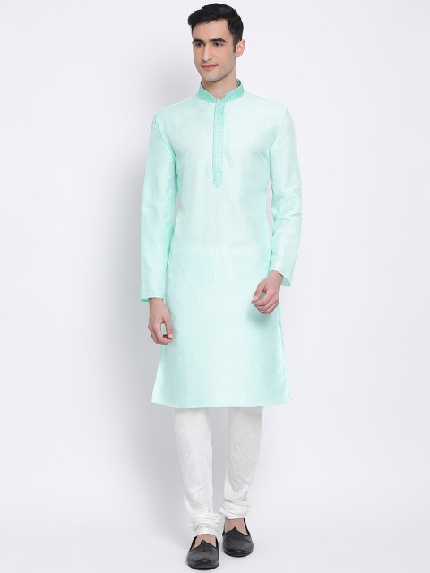 

Sanwara Men Sea Green & White Solid Kurta with Churidar