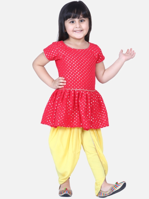 

AWW HUNNIE Girls Red & Yellow Embellished Kurta with Dhoti Pants