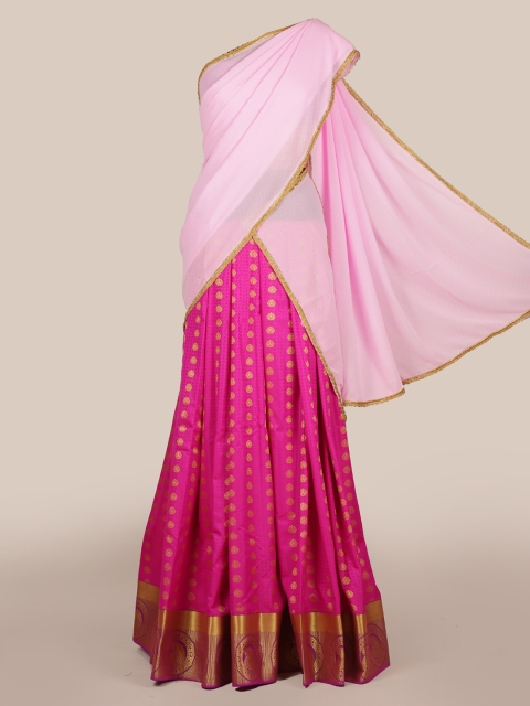 

Pothys Pink & Gold-Toned Poly Chiffon Woven Design Traditional Half Saree
