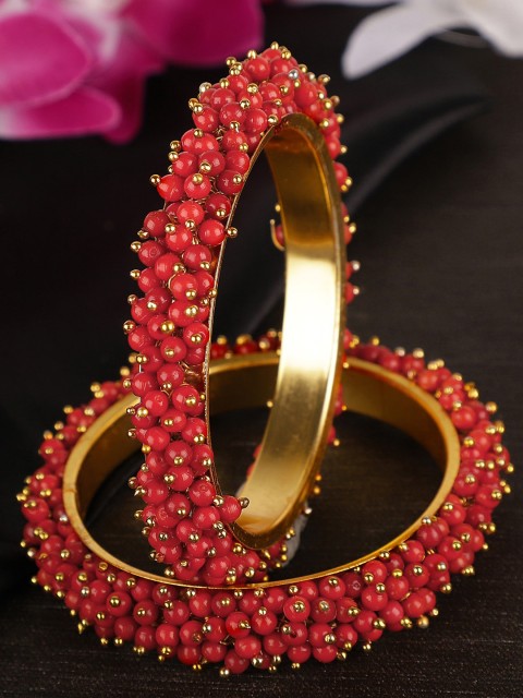 

Shining Diva Set Of 2 Gold-Plated Red Beaded Antique Bangles