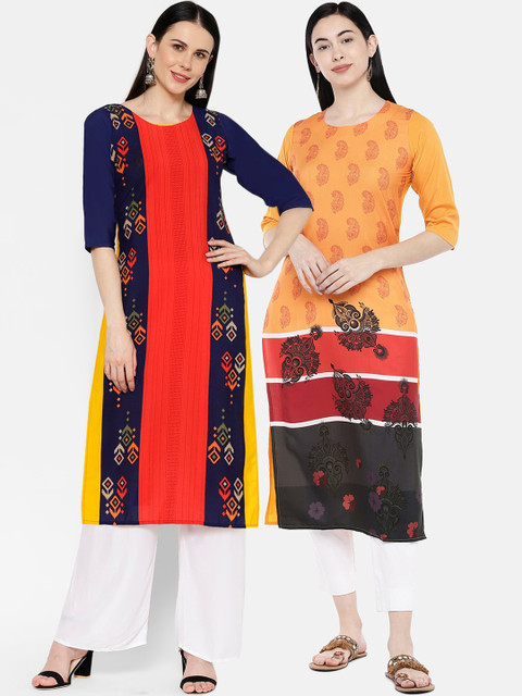 

7Threads Women Pack of 2 Orange & Navy Blue Printed Straight Kurtas