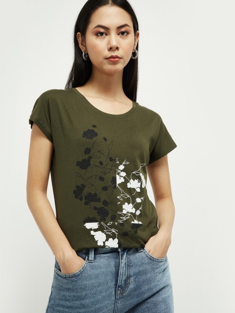 

max Women Olive Green Printed Round Neck T-shirt