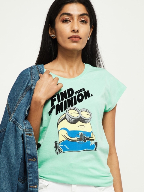 max Women Green Printed Round Neck Pure Cotton T-shirt