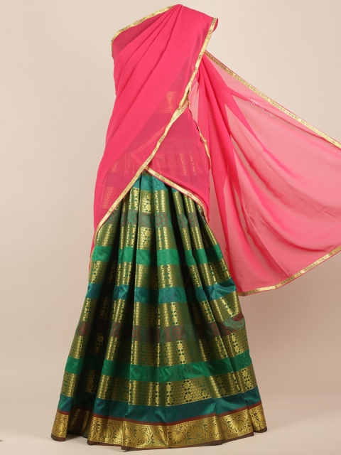

Pothys Pink & Green Poly Chiffon Woven Design Half Saree