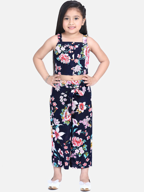 

naughty ninos Girls Navy Blue & Pink Printed Top with Palazzos