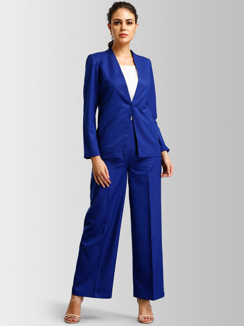 

FableStreet Women Blue Solid Coat with Trousers
