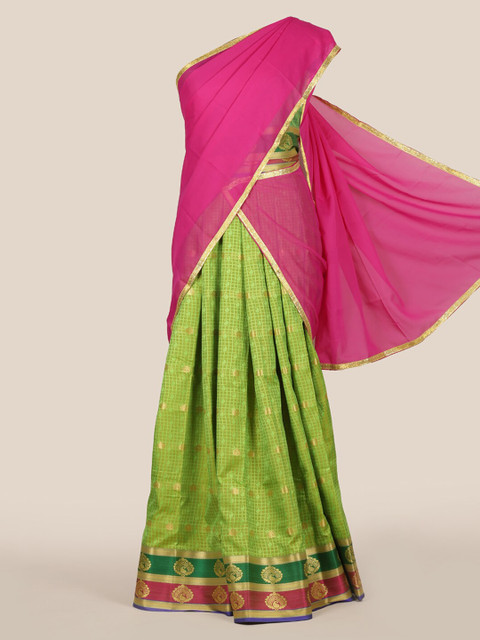 

Pothys Pink & Green Poly Chiffon Woven Design Half Saree