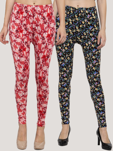 

KLOTTHE Women Pack of 2 Floral Printed Ankle-Length Leggings, Black