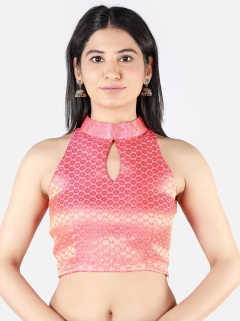 

Llajja Women Pink & Gold-Coloured Woven Design Non-Padded Saree Blouse