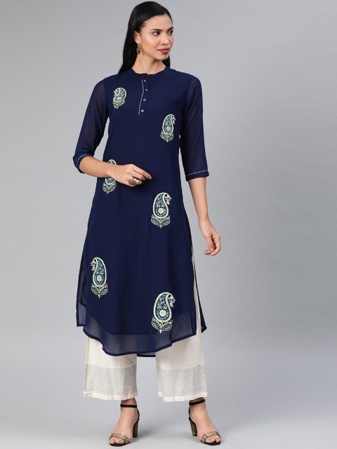 

Rain & Rainbow Navy Blue Paisley Embroidered Thread Work Kurta