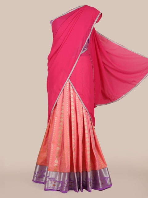 

Pothys Pink & Gold-Toned Poly Chiffon Woven Design Traditional Half Saree