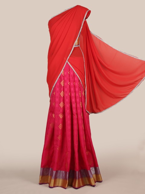 

Pothys Red & Gold-Toned Poly Chiffon Woven Design Traditional Half Saree