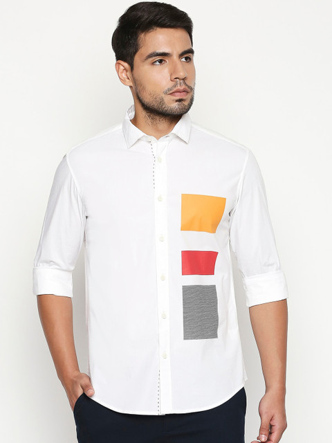 

Basics Men White & Orange Slim Fit Printed Casual Shirt