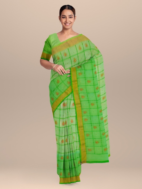 

KLM Fashion Mall Green Checked Silk Blend Saree