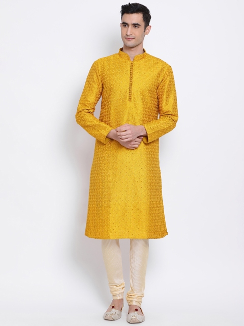 

Sanwara Men Yellow & Beige Embroidered Kurta with Pyjamas