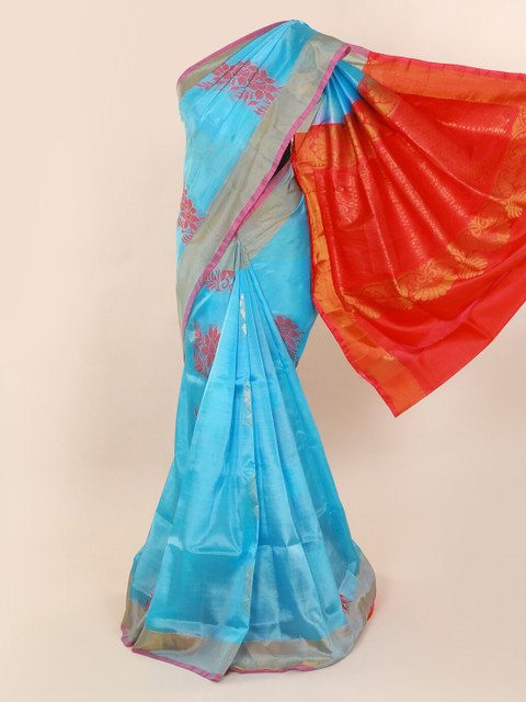 

Pothys Blue & Orange Pure Silk Woven Design Saree