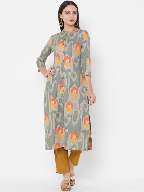 FASHOR Sage Green & Orange Printed Straight Kurta