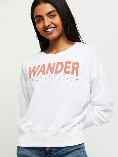 

max Women Off-White & Peach-Coloured Printed Sweatshirt