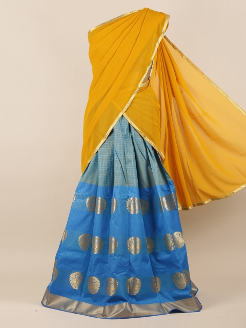 

Pothys Mustard Yellow & Blue Poly Chiffon Woven Design Half Saree